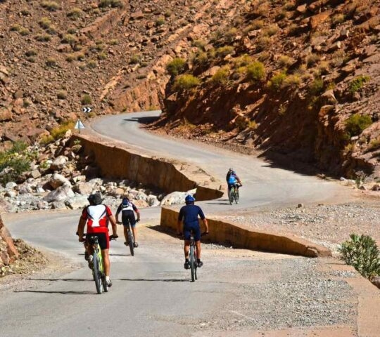 a group of people mountain biking in the High Atlas Mountains in Morocco