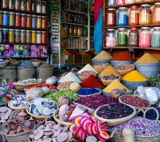 colourful spices and souvenirs for sale in a souk in Marrakesh