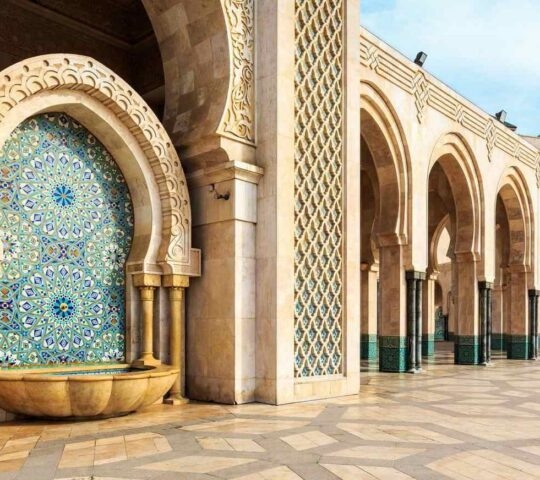 Fountain with colourful tiles at the Hassan II Mosque in Casablanca