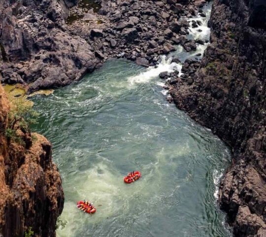 Aerial view of white water rafting on the Zambezi river