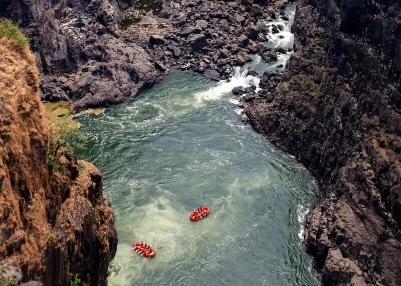 Aerial view of white water rafting on the Zambezi river