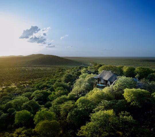 Aerial view of a thatched safari lodge surrounded by green trees overlooking a vast landscape under a blue sky.