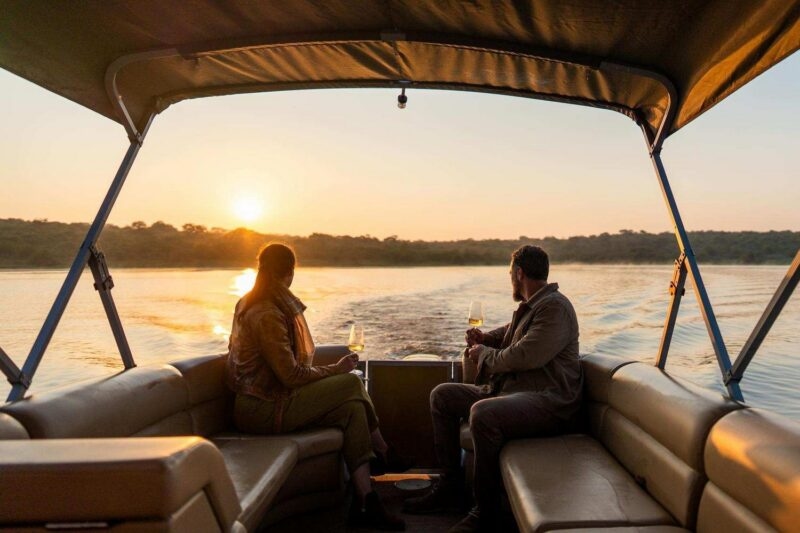 Two people sitting on a covered boat, holding wine glasses and looking out at a lakeside sunset.