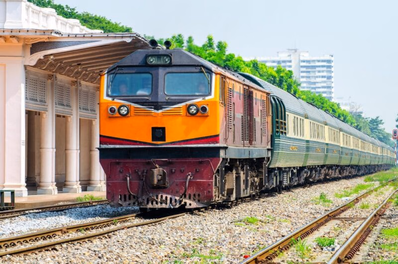 The front of a luxury train waiting at a railway station in Asia