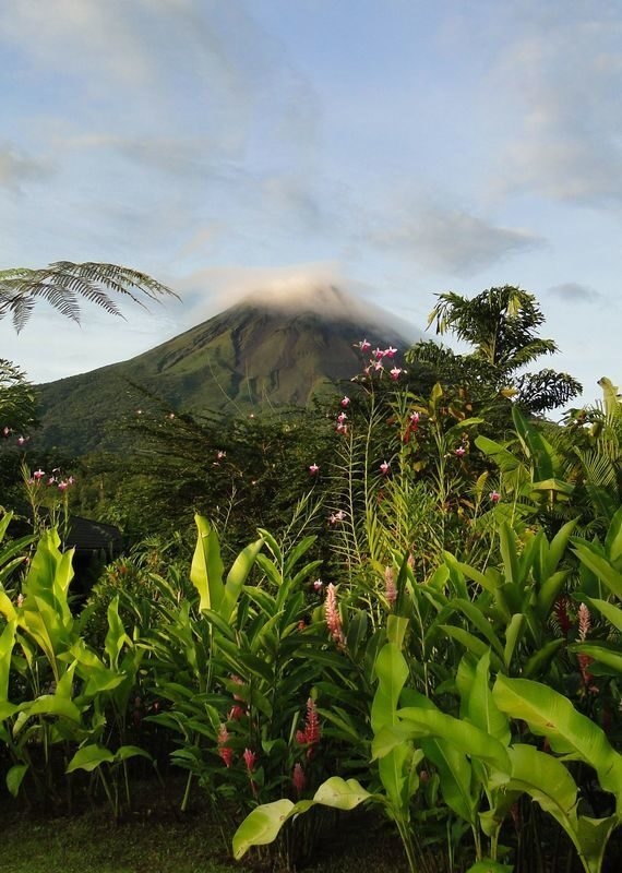 Conical volcano with clouds at the peak behind tropical plants on Costa Rica adventure tours.