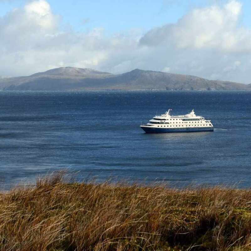 A white latin america expedition cruise ship sails past a mountainous coast with dry grass in the foreground.