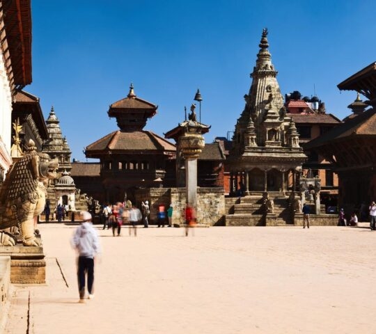 A square in Kathmandu, Nepal, with pagodas and stone temples
