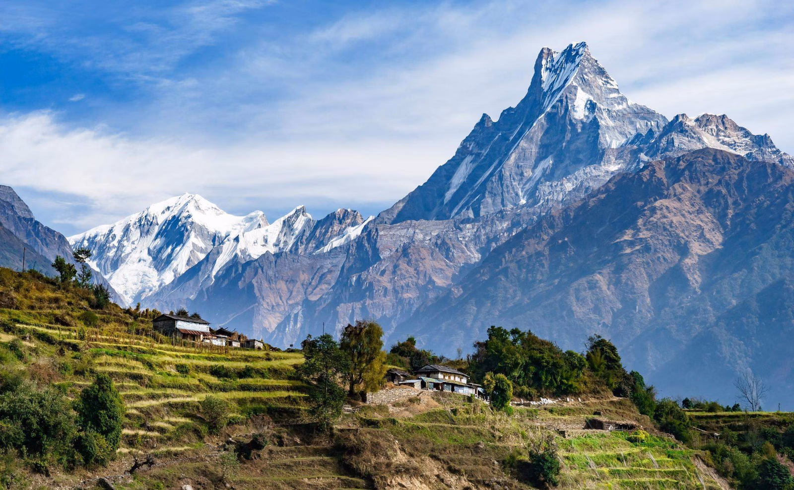 Snow-capped mountains and terraced green fields in Annapurna, Nepal