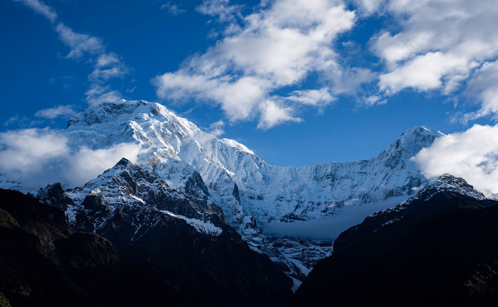 A snow-covered mountain range in Annapurna, Nepal.