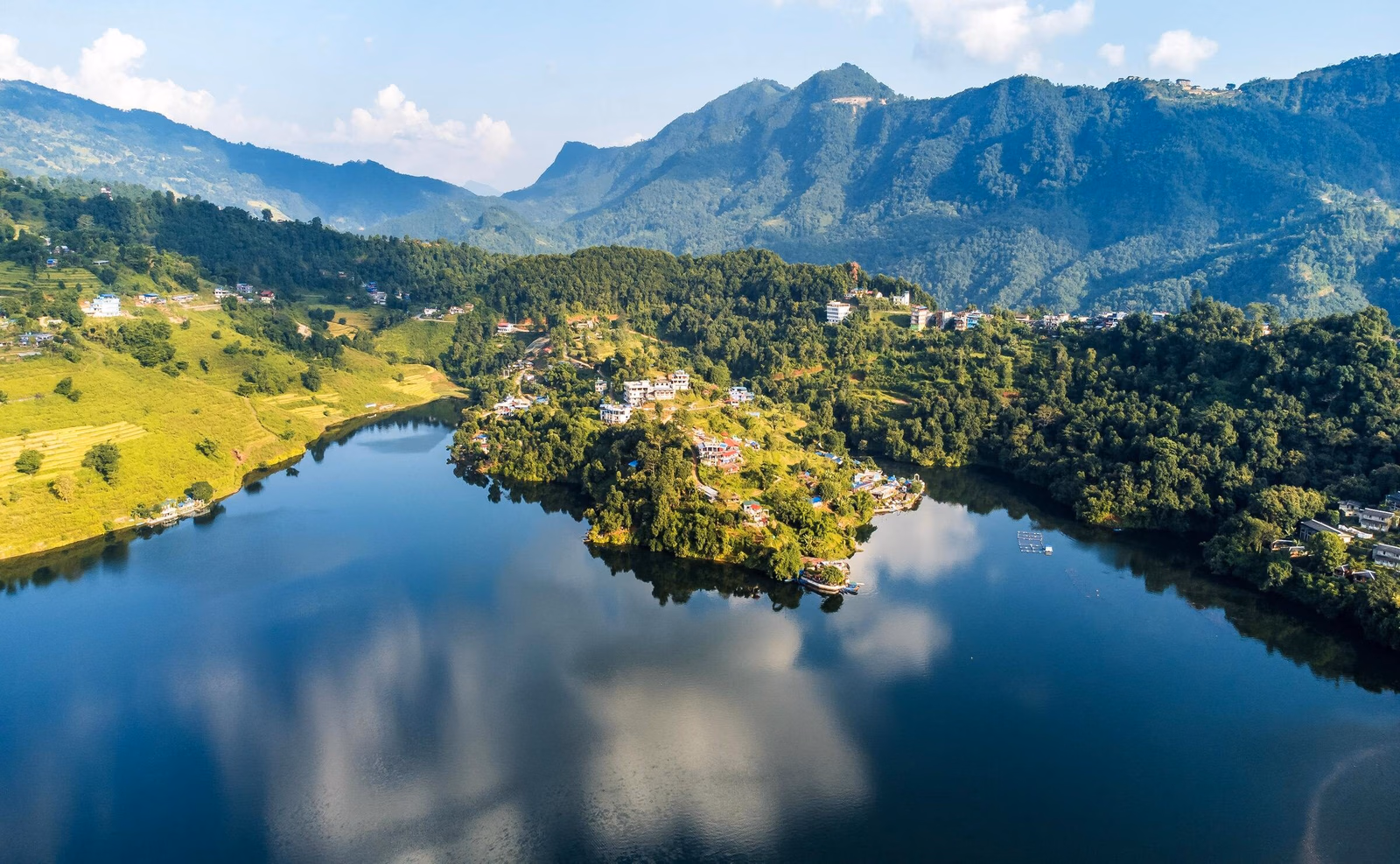 An aerial view of Lake Phewa in Pokhara, Nepal.