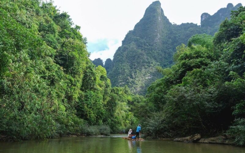 People rafting along a tree-lined river in Khao Sok National Park