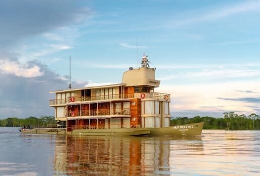 Enjoy an Amazon River cruise on the Delfin I, relaxing in your spacious suite on board and looking out for wildlife on jungle walks.