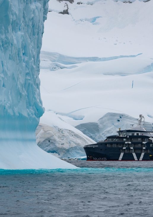 Cruise past colossal glaciers on the Magellan Explorer, watch icebergs drift past your cabin window, and head out on a Zodiac to spot penguins and other wildlife.