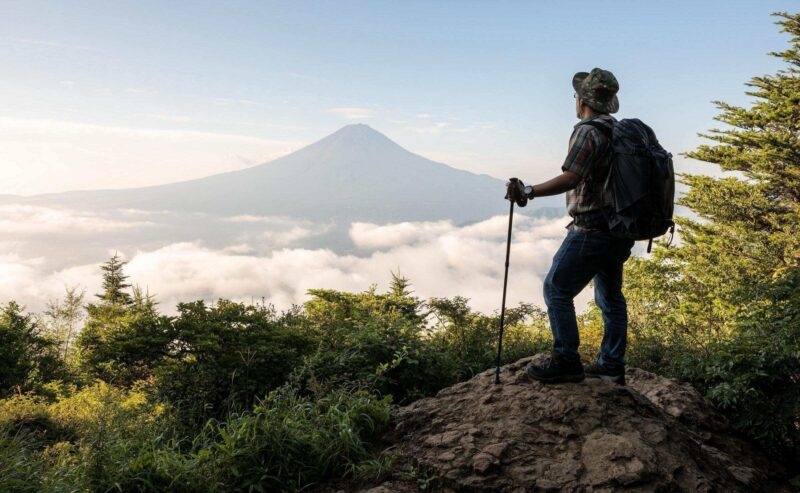 A hiker with a backpack standing on a rock looking at Mount Fuji above a layer of clouds.