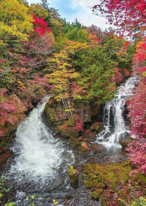Two waterfalls cascade through vibrant red, yellow, and green foliage in autumn.