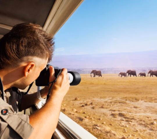 A man taking photos with a large camera lens from a safari vehicle window as elephants walk in the distance.
