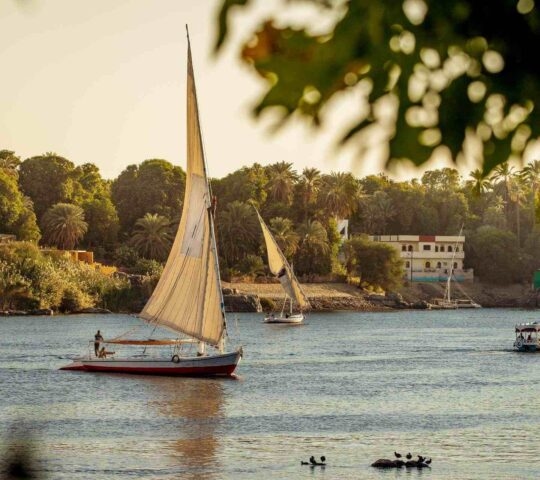 A traditional felucca boat sailing along the river Nile