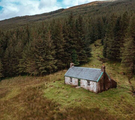 A traditional stone bothy in the Scottish Highlands