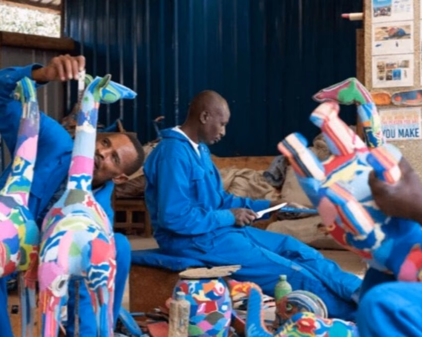 Craftsmen making sculptures at the Ocean Sole workshop in Nairobi