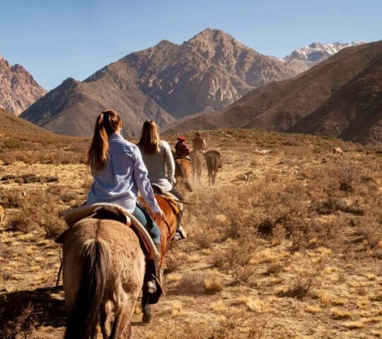 A group of people riding horses through the mountains of Mendoza