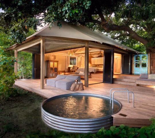 A view of a wooden deck with a plunge pool and a luxury suite behind. The sides of the tented room are open to the outside.
