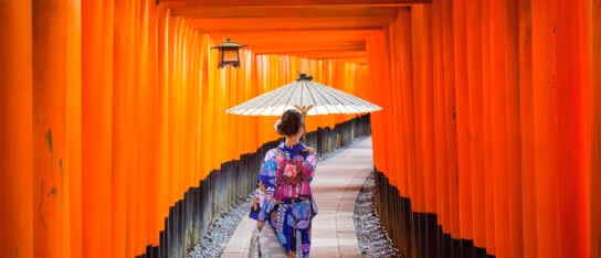 A woman wearing a blue and purple kimono holds an umbrella while walking through red torii gates at Fushimi Inari Taisha in Kyoto.