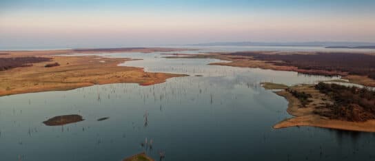 Aerial view of lake kariba zimbabwe showing calm water, small islands, and dead trees sticking out of the surface.