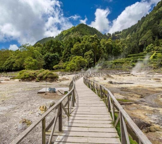 Wooden boardwalk winding through a steamy thermal field toward forest-covered hills under a cloudy blue sky.