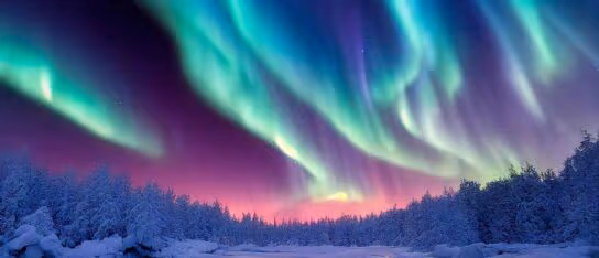 Vibrant green and purple northern lights swirl in the starry night sky over a snow-covered forest landscape.