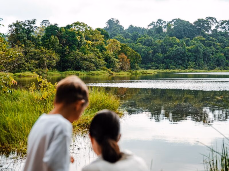 Two children look at a calm lake and dense green forest from the grassy edge of Khao Yai National Park.