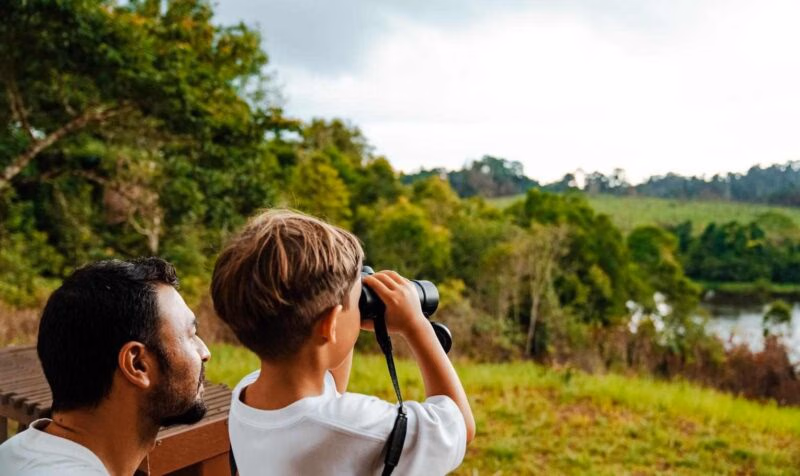 : Young boy looking through binoculars standing next to his father, viewing a scenic grassy and forested hills landscape.