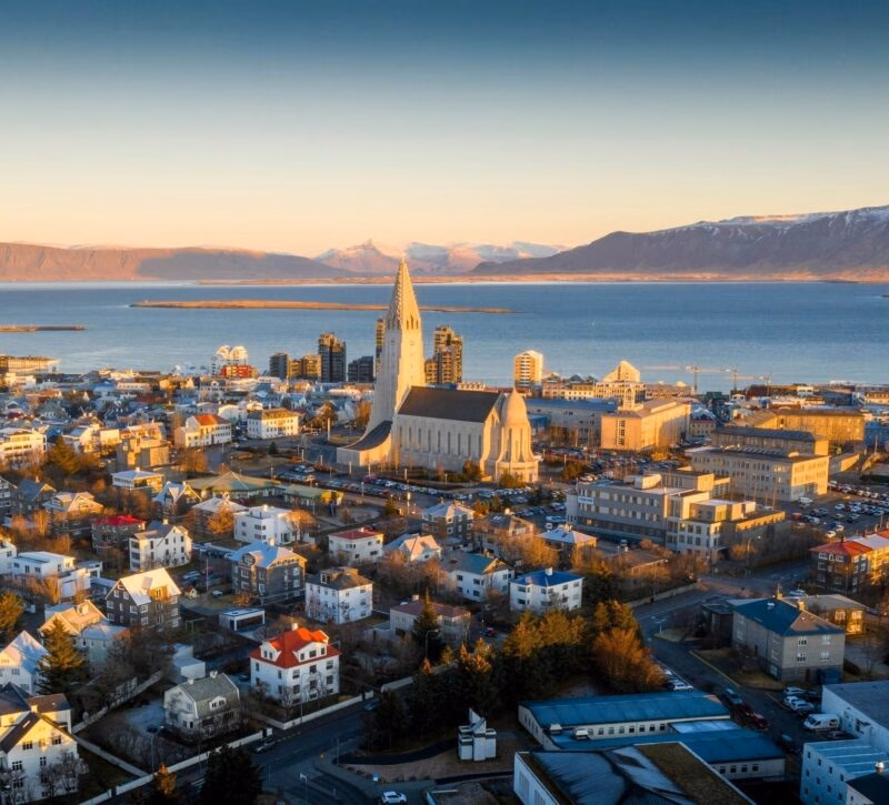 Aerial view of Reykjavik showing Hallgrimskirkja, colourful buildings, and mountains on a polar safari.