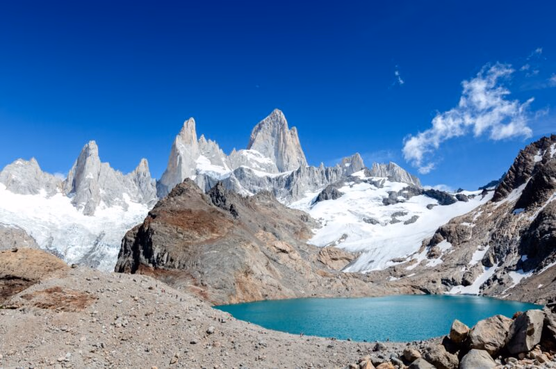 Snow-capped jagged mountain peaks watch over a calm blue lake.