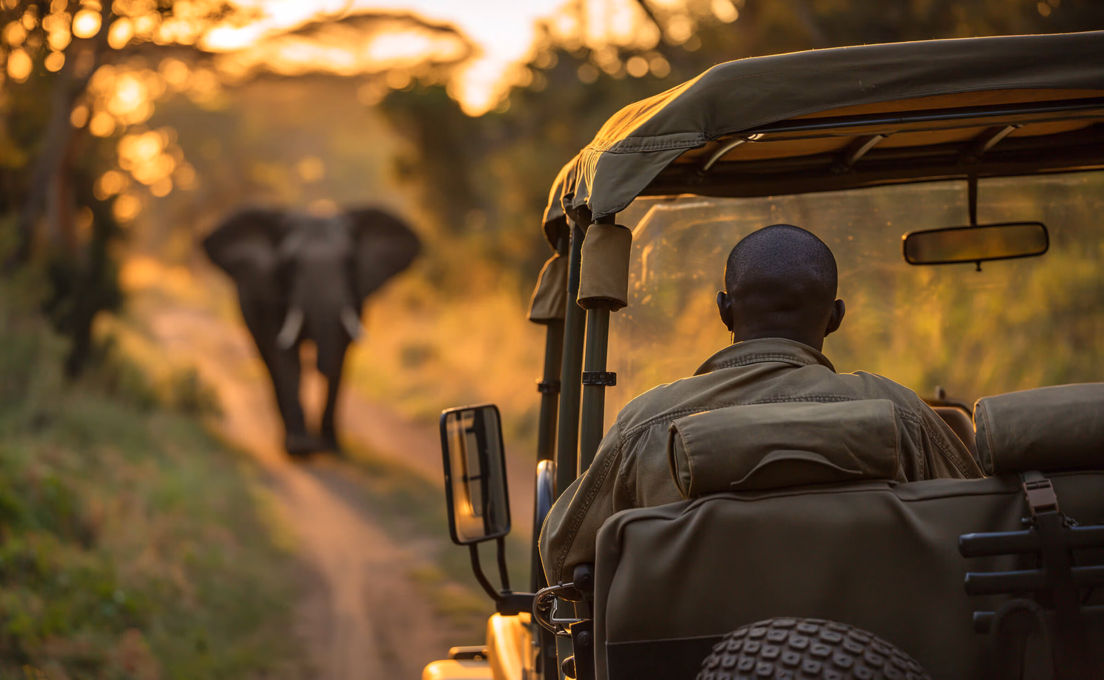 View from inside a safari vehicle looking past the driver at an elephant on a dirt track during sunset.