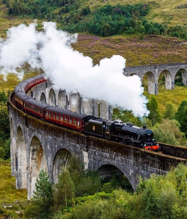 Ride the Jacobite Stream Train in Scotland and walk along Cornwall's stunning coastline in England.