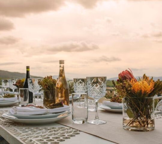 Close-up of an outdoor dining table with plates, glasses, and protea flowers, overlooking a landscape of hills and vineyards.