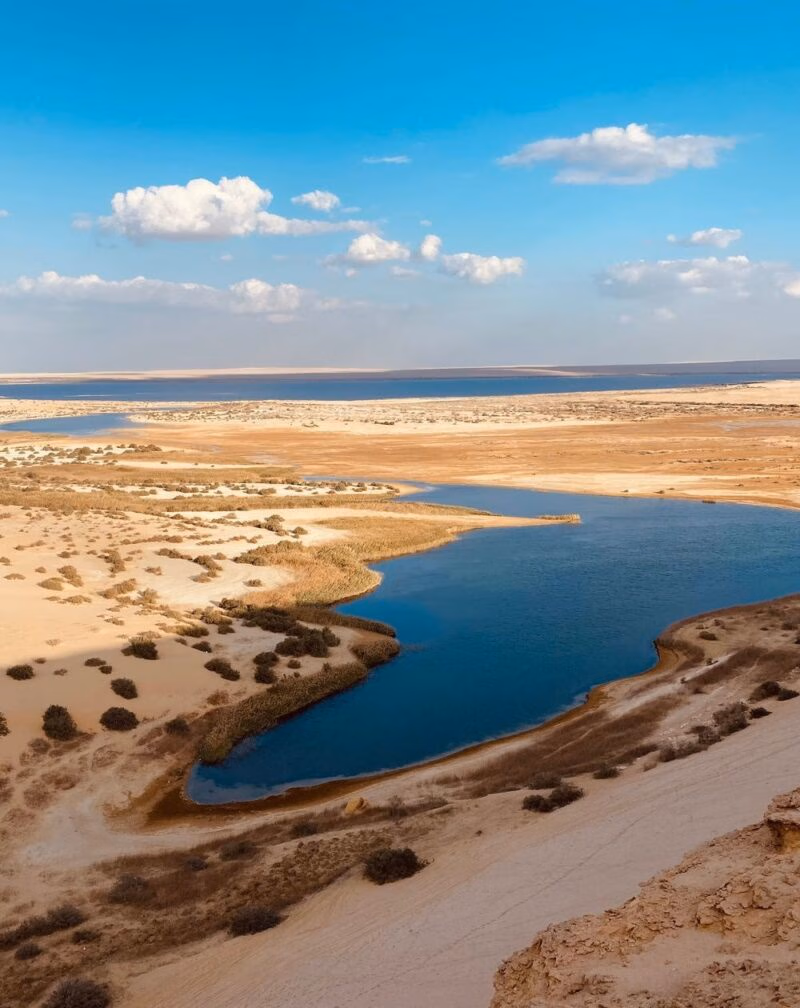 A vibrant blue lake flowing through the arid, sandy desert landscape of Wadi El Rayan, Egypt, under a sunny sky.