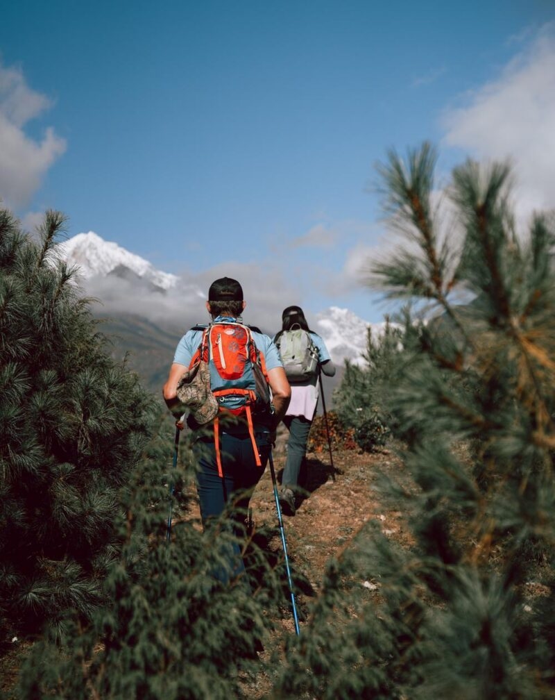 Hikers with backpacks walk a trail toward snowy peaks near the MLN Manche lodge nepal.