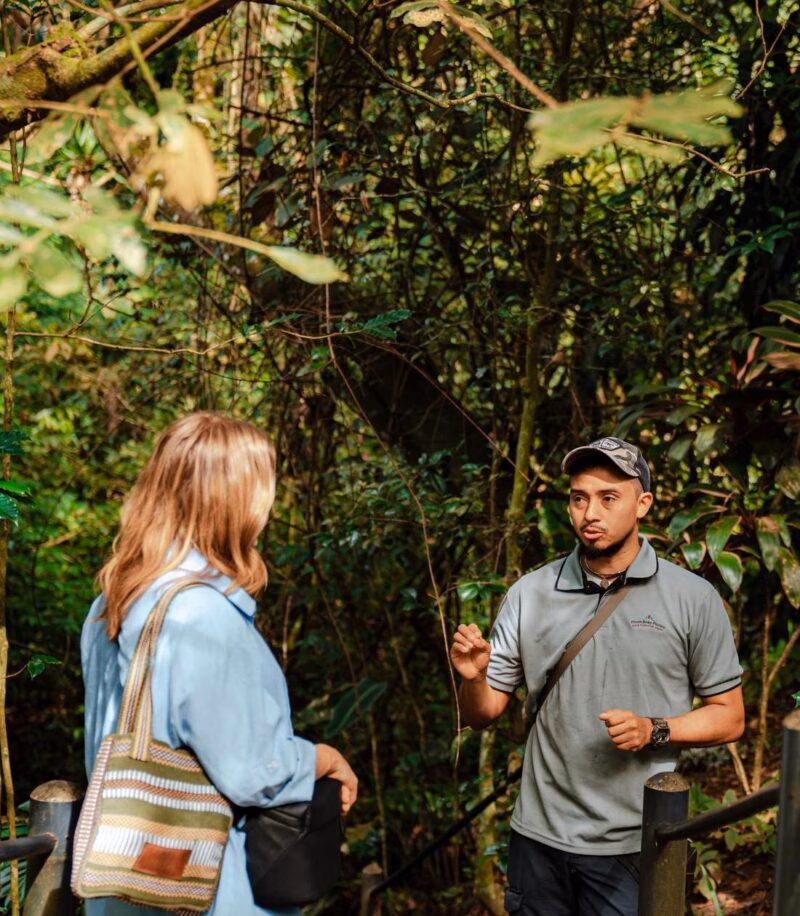 A guide from Finca Rosa Blanca talks with a female tourist on a lush jungle path.