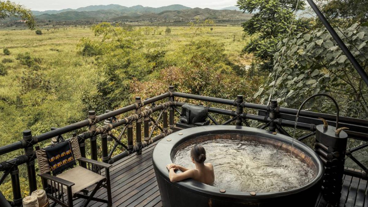 Outdoor bath, Four Seasons Tented Camp, Golden Triangle, Thailand