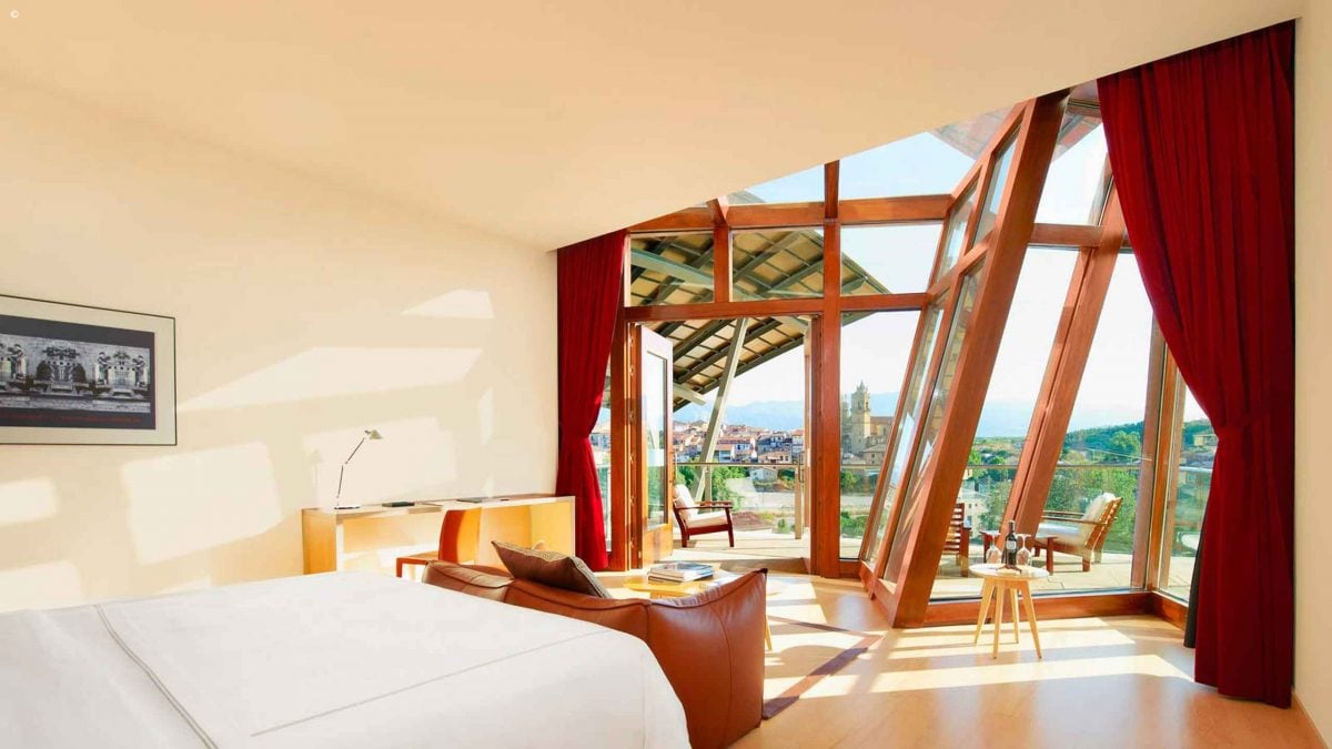Bedroom interior, Hotel Marques de Riscal, La Rioja, Spain