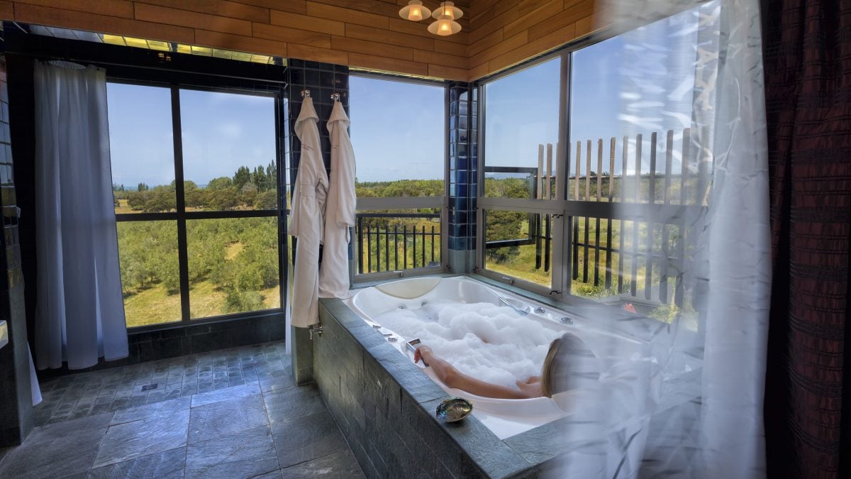 Bath interior, Hapuku Lodge and Tree Houses, Kaikoura, New Zealand