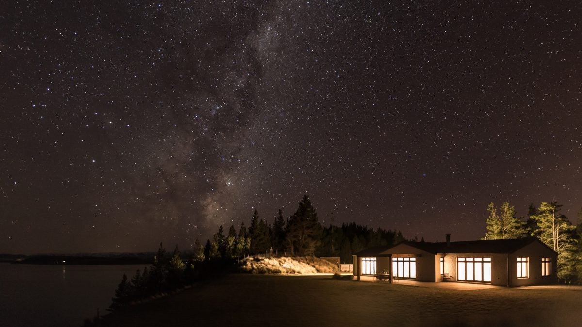 Mt Cook Lakeside Retreat under the starry night sky, New Zealand