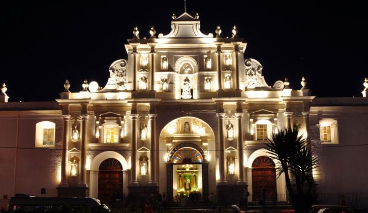 Exterior of El Convento illuminated at night, situated in Antigua, Guatemala