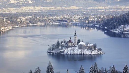 Santa Maria Church on Lake Bled in winter