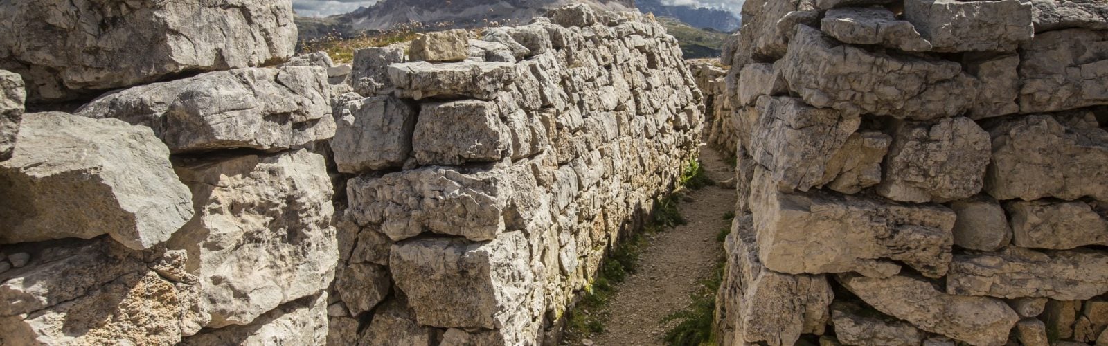 Stone walls of reconstructed World War One trenches at Monte Piana, the Alps