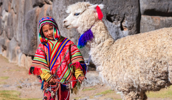 Peruvian little boy wearing national clothing with llama near Cuzco, Peru
