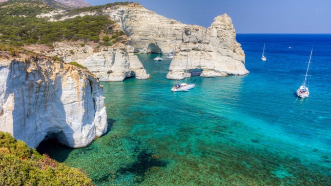 Panoramic view of the pictorial Kleftiko cove located at the south coast of Milos island, Cyclades, Greece