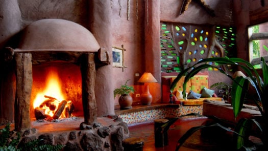 Interior with fireplace, Yacutinga Lodge, Misiones Rainforest, Argentina