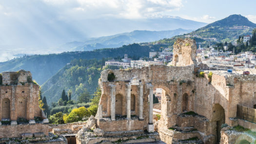 Ruins of the ancient greek theater of Taormina, Sicily, Italy.